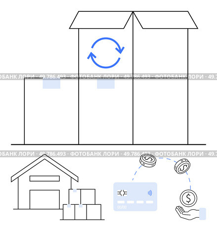 Depicts stacked boxes, warehouse with packages, credit card transaction, and hand receiving payment. Ideal for logistics, e-commerce, inventory management, online payment, supply chain fulfillment. Efficient Warehouse Management and E-commerce Integration Highlighting Order Fulfillment. Стоковая иллюстрация, агентство Ingram Publishing / Фотобанк Лори