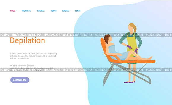 Depilation service vector, beauty procedure online order. Woman in towel on medical table and female salon master in apron, legs waxing or epilation. Website or webpage template landing page in flat. Depilation Service, Beauty Procedure Online Order. Стоковая иллюстрация, агентство Ingram Publishing / Фотобанк Лори