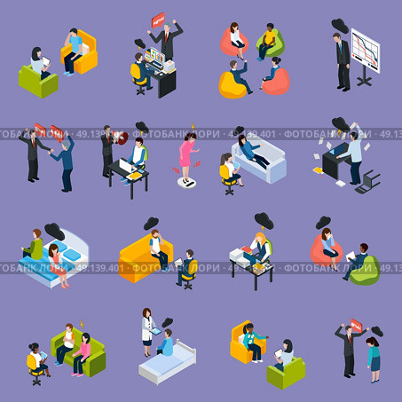 Depression And Stress Isometric Icons. Depression and stress isometric icons with different negative situations people conflicts troubles and problems isolated vector illustration. Стоковая иллюстрация, агентство Ingram Publishing / Фотобанк Лори