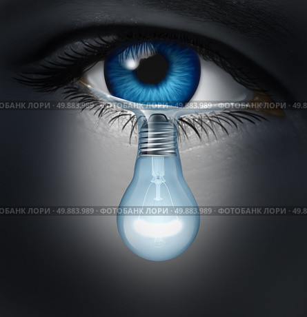 Depression therapy concept as a depressed human eye crying a tear shaped as a light bulb as a metaphor for solutions in the the treatment of mental health issues through psychotherapy or medication healing. Стоковое фото, агентство Ingram Publishing / Фотобанк Лори