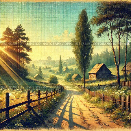 Деревня в горах ,иллюстрация, рисунок,  живописный, солнечно, утро, день,  улица,  деревья, сельская, местность, деревня, лес, старина, ретро, винтаж, открытка, пастораль. Стоковое AI-изображение, AI-художник Ефимчик Елена Николаевна / Фотобанк Лори