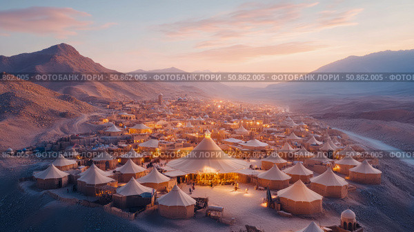 Desert Oasis: tent encampment nestled in a mountain valley, bathed in the warm glow of sunset. Стоковое AI-изображение, AI-художник Данила Большаков / Фотобанк Лори