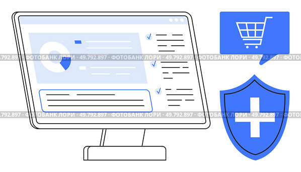 Desktop screen displaying analytical data alongside blue shopping cart and security icons. Ideal for e-commerce, cybersecurity, online shopping, data analysis, web development, digital marketing. Computer Monitor with Data Analytics, Shopping Cart and Security Shield Icons, Representing E-commerce and Safety. Стоковая иллюстрация, агентство Ingram Publishing / Фотобанк Лори