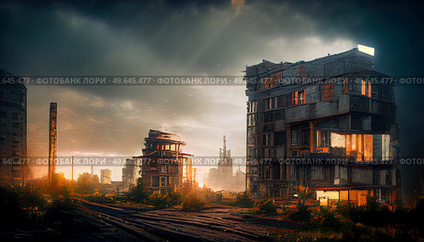 Destroyed in war post-apocalyptic city background. Destroyed city background. Стоковое фото, агентство Ingram Publishing / Фотобанк Лори