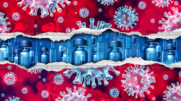 Destroying disease concept and virus vaccination concept and vaccine for flu or coronavirus as medicine eliminating contagious pathogen cells as a health care metaphor for illness prevention as a 3D illustration. Стоковое фото, агентство Ingram Publishing / Фотобанк Лори