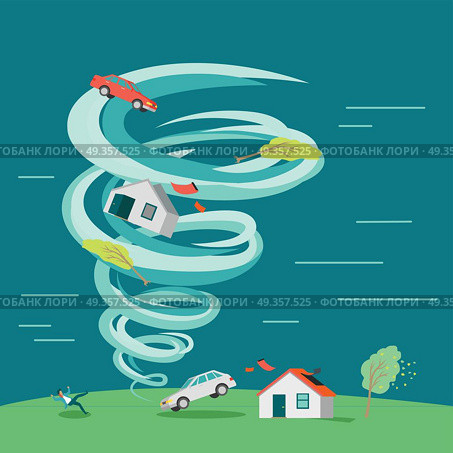 Destructive tornado vector concept. Flat design. Huge vortex lifted into the air house, car and trees, knocked down man and destroyed building. Natural disaster illustration for insurance company ad. Natural Disaster Flat Design Vector Illustration. Natural Disaster Flat Design Vector Illustration. Стоковая иллюстрация, агентство Ingram Publishing / Фотобанк Лори