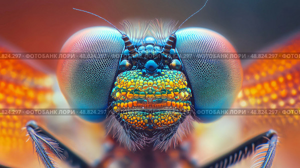 Detailed close-up of a vibrant dragonfly showcasing intricate eye. Стоковое AI-изображение, AI-художник Михаил Коханчиков / Фотобанк Лори