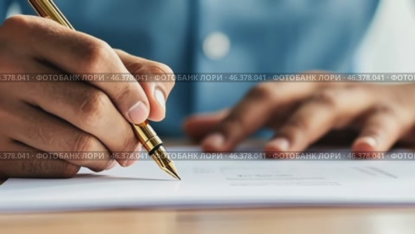 Detailed closeup of businessman hands writing with pen on a sheet of document. Business person Signing Contract In The Office on a Desk Table. Man in suit penning an agreement on paper. Productivity. Стоковое AI-видео, аниматор Марина Демидюк / Фотобанк Лори