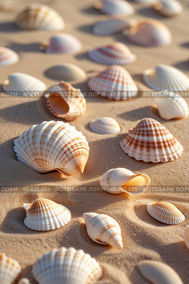 Detailed collection of various seashells scattered on a sandy beach during a sunny afternoon. Стоковое AI-изображение, AI-художник Сергей Толмачёв / Фотобанк Лори