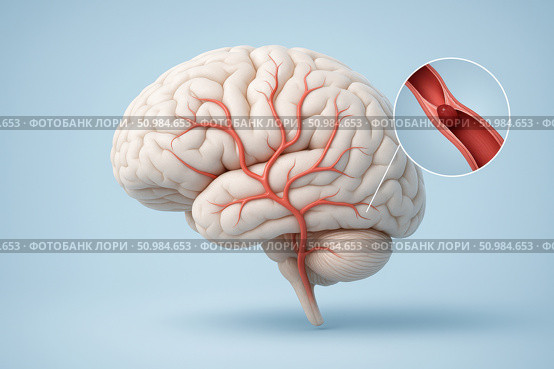 Detailed digital rendering of a human brain with highlighted artery blockage, visualizing ischemic stroke pathway for medical or educational use. Стоковое AI-изображение, AI-художник Башкирова Анна / Фотобанк Лори