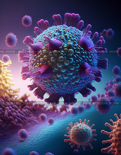 Detailed FLiRT, XEC, Covid image depicting virus particles in various stages, with spikes and asymmetrical surfaces. vivid, textured visuals captured in ambient space, illustrating health threats. Стоковое AI-изображение, AI-художник Андрей Ка / Фотобанк Лори