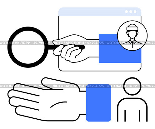 Detailed magnifying glass held in hand, user profile, outstretched hand, and web browser window. Ideal for analysis, identification, support, assistance, data discovery user interaction online. Magnifying Glass in Hand and User Profile Elements Discover, Analyze, Support and Identify. Стоковая иллюстрация, агентство Ingram Publishing / Фотобанк Лори