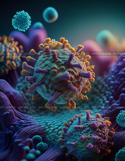 Detailed representation of coronavirus, covid particles interacting with human body cells - FLiRT, XEC viral structures, protein interaction, cellular surfaces, infectious spread, epidemiology focus. Стоковое AI-изображение, AI-художник Андрей Ка / Фотобанк Лори