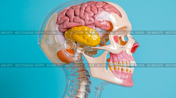 Detailed side view of an educational human head and upper spine anatomical model showcasing the brain, skull, jaw, teeth, and cervical vertebrae against a clear blue background. Стоковое AI-изображение, AI-художник Данила Большаков / Фотобанк Лори