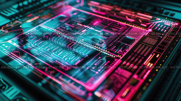 Detailed view of a computer circuit board showing electronic components, pathways, and connectors. Стоковое AI-изображение, AI-художник Данила Большаков / Фотобанк Лори