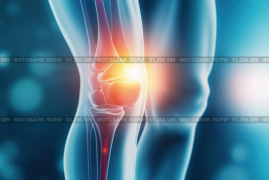 Detailed Visualization of a Human Knee Joint Highlighting Pain Points and Structural Anatomy for Educational and Medical Purposes. Стоковое AI-изображение, AI-художник Башкирова Анна / Фотобанк Лори