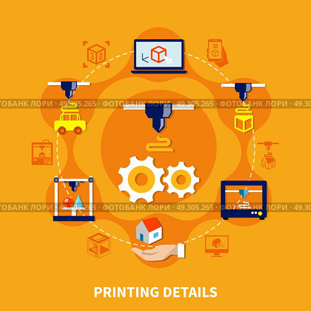 Details For 3d Printer On Orange Background . Printing details on orange background design concept with decorative icons showing equipment and different nozzles for 3d printer flat vector illustration. Стоковая иллюстрация, агентство Ingram Publishing / Фотобанк Лори