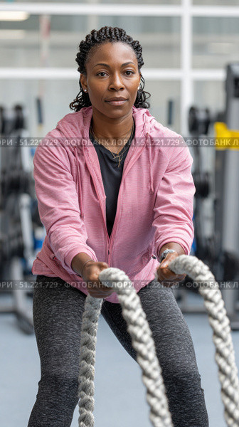 Determined sportswoman performing intense battle ropes exercise, showing strength and dedication during cross training workout at modern gym. Стоковое AI-изображение, AI-художник Юрий Поздников / Фотобанк Лори