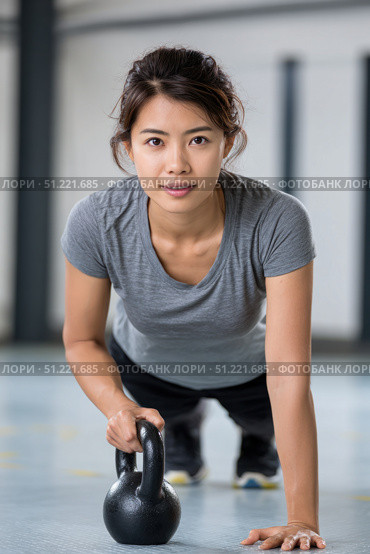 Determined young asian woman performing push ups with one hand resting on a kettlebell, exemplifying strength and dedication in a dynamic gym environment. Стоковое AI-изображение, AI-художник Юрий Поздников / Фотобанк Лори