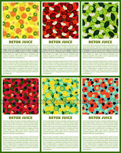 Detox juice poster set ingredients refreshing drink citrus fruits, green kiwi, cut beet slices, carrot and apple pieces, cucumber and bay leaves vector. Detox Juice Poster Ingredients of Refreshing Drink. Стоковая иллюстрация, агентство Ingram Publishing / Фотобанк Лори