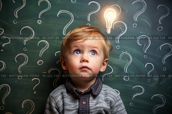Development and education of children. A thoughtful boy on a dark background with a light bulb and question marks . Brainstorming and the concept of an idea. Стоковое AI-изображение, AI-художник Photojuli / Фотобанк Лори