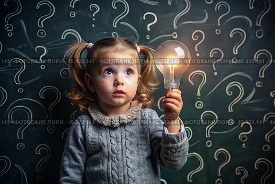 Development and education of children. A thoughtful girls on a dark background with a light bulb and question marks . Brainstorming and the concept of an idea. Стоковое AI-изображение, AI-художник Photojuli / Фотобанк Лори