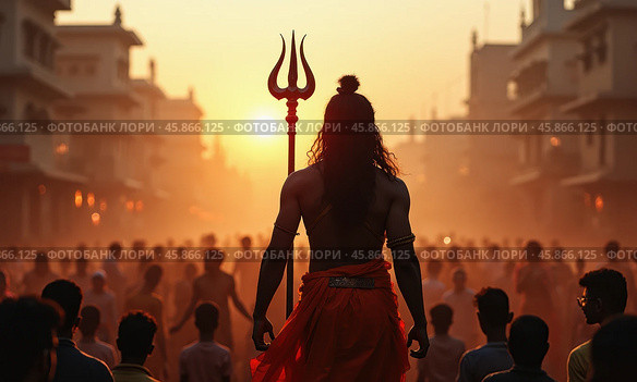 Devotees Honor Lord Shiva During Maha Shivratri Celebration in Haridwar at Sunset. Стоковое AI-изображение, AI-художник Sergey Grishin / Фотобанк Лори