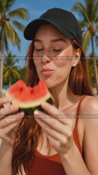 Девушка ест арбуз. Стоковое AI-видео, аниматор Екатерина Коробкова / Фотобанк Лори