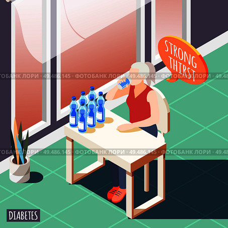 Diabetes isometric background with diseased women feeling strong thirst and drinks water vector illustration. Стоковая иллюстрация, агентство Ingram Publishing / Фотобанк Лори