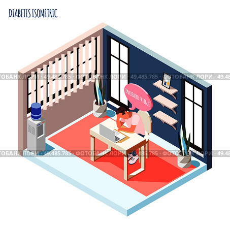Diabetes isometric composition with young man sitting at desk with laptop and suffering from increased fatigue vector illustration. Стоковая иллюстрация, агентство Ingram Publishing / Фотобанк Лори