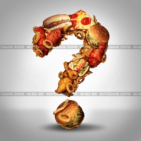 Dieting questions concept and diet worries with greasy fried fast food take out as onion rings burgers and hot dogs with fried chicken french fries and pizza shaped as a question mark for nutritional value uncertainty. Стоковое фото, агентство Ingram Publishing / Фотобанк Лори