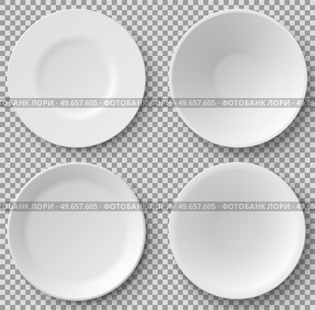 Different shapes of realistic food plates and 3d dishes vector set. Plates for restaurant, empty utensil and dishware. Cookware, china, crockery of various shapes and sizes for serving dishes in cafe. Cookware, china, crockery. Different shapes of realistic food plates and 3d dishes vector set. Стоковая иллюстрация, агентство Ingram Publishing / Фотобанк Лори