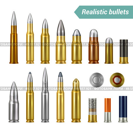 Different types and sizes of weapon ammo   including bullets and cartridges realistic set isolated vector illustration. Стоковая иллюстрация, агентство Ingram Publishing / Фотобанк Лори