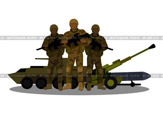 Different types of armed forces. Soldiers in ammunition with guns, APC, cannon, ballistic missile flat vector illustrations isolated on white. For warfare concepts, military service contract ad. Modern Armed Forces Types Flat Vector Concept . Стоковая иллюстрация, агентство Ingram Publishing / Фотобанк Лори