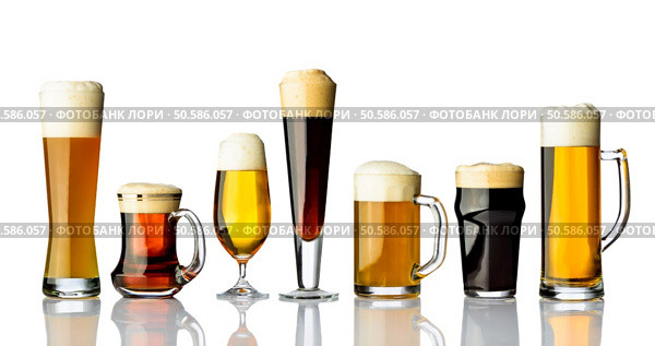 Different types of beer in glasses isolated on white background. Стоковое фото, агентство Ingram Publishing / Фотобанк Лори