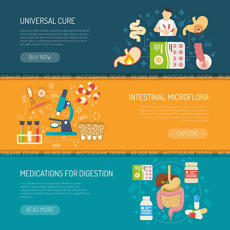Digestion Banners Set. Digestion horizontal banners set with care and medications symbols flat isolated vector illustration . Стоковая иллюстрация, агентство Ingram Publishing / Фотобанк Лори