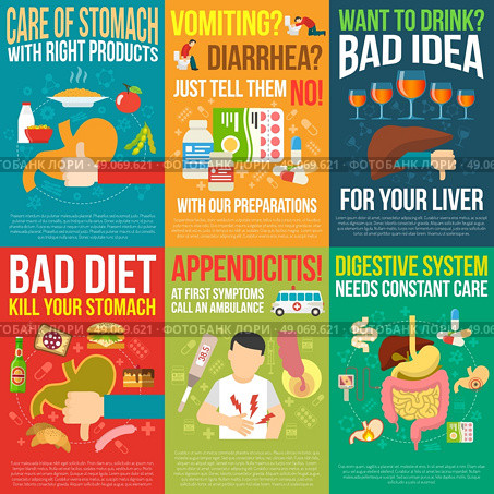 Digestion Posters Set. Digestion posters set with bad diet and appendicitis symbols flat isolated vector illustration . Стоковая иллюстрация, агентство Ingram Publishing / Фотобанк Лори