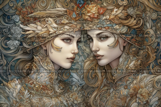 Digital art illustration in Art Nouveau style depicting two women in exquisite fantasy outfits with rich ornamental decoration. Their images are surrounded by ornate patterns, flowers and feathers, creating a sense of fairy-tale beauty and mystical symmetry. Fine detailing, refined faces and complex textures make the image ideal for covers, art magazines, posters and fantasy design. Стоковое AI-изображение, AI-художник Анна Кривицкая / Фотобанк Лори