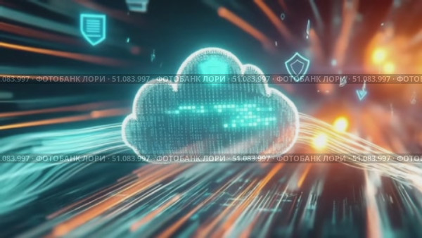 Digital cloud with data streams and security icons. Represents cloud computing, data protection, and technology advancements. Стоковое AI-видео, аниматор Nart / Фотобанк Лори