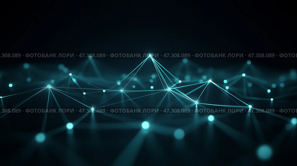 Digital network connections represented by glowing points and lines in a dark environment showcasing technology. Цифровые сетевые соединения, представленные светящимися точками и линиями в темной среде, демонстрирующей технологию. Стоковое AI-изображение, AI-художник Katsiaryna Repich / Фотобанк Лори