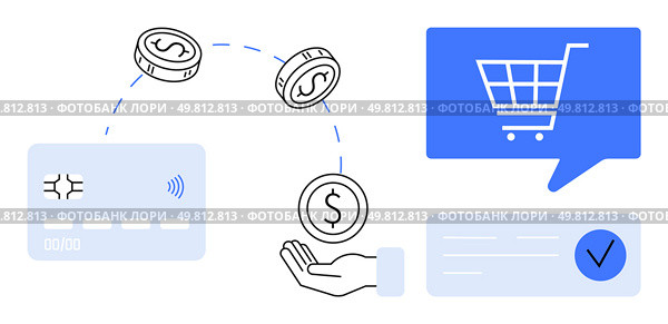 Digital payment system features credit card, coins, hand receiving money, shopping cart, and approved transaction. Ideal for e-commerce, financial technology, online shopping, transactions, cashless. Digital Payment Processing with Credit Card, Coins, Hand, Shopping Cart, and Approved Transaction. Стоковая иллюстрация, агентство Ingram Publishing / Фотобанк Лори