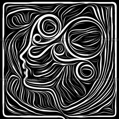 Digital Scratchboard. Life Lines series. Composition of human profile and woodcut pattern for subject of human drama, poetry and inner symbols. Стоковое фото, агентство Ingram Publishing / Фотобанк Лори