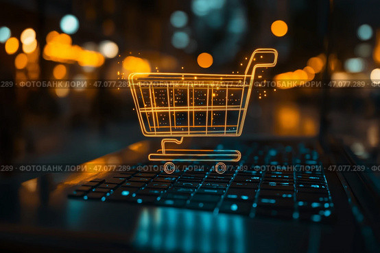 Digital shopping cart over laptop keyboard in evening ambience. Цифровая корзина для покупок над клавиатурой ноутбука в вечерней обстановке. Стоковое AI-изображение, AI-художник Katsiaryna Repich / Фотобанк Лори