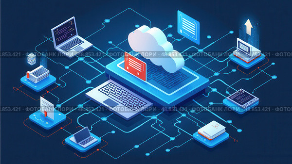 Digital system for transferring documents. FTP(File Transfer Protocol) files receiver and computer backup copy. File sharing isometric. Exchange information and data with internet. Стоковое AI-изображение, AI-художник Sergey Grishin / Фотобанк Лори