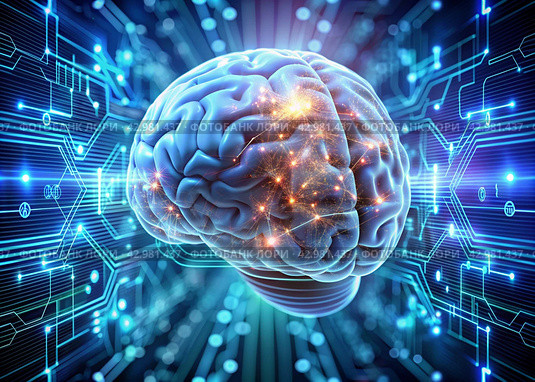 Digital technologies of the future. Artificial intelligence. The brain and digital codes on a virtual screen. The image was created using artificial intelligence. Стоковое AI-изображение, AI-художник Photojuli / Фотобанк Лори