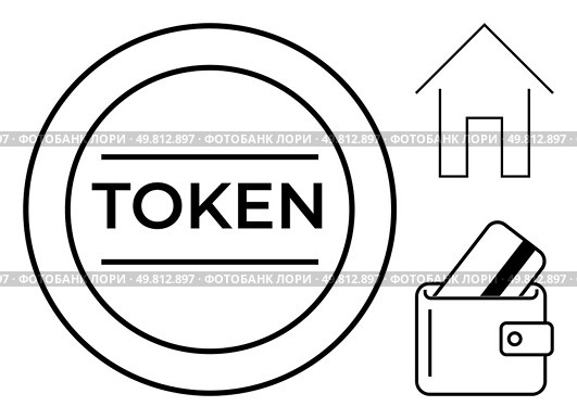 Digital token inside circle, wallet with credit card, and house outline representing modern financial concepts. Ideal for finance, digital payments, real estate, investing, security, digital assets. Digital token inside circle, wallet with credit card, and house outline representing modern financial concepts. Стоковая иллюстрация, агентство Ingram Publishing / Фотобанк Лори