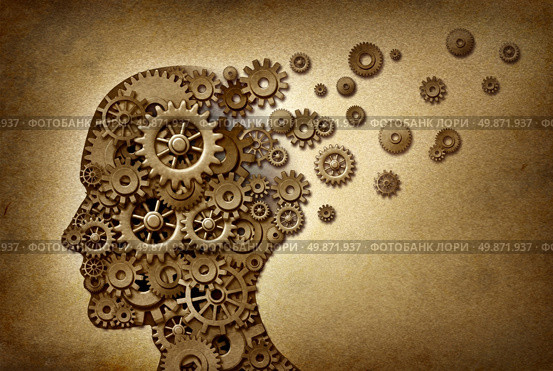Dimentia brain problem medical  and health care concept symbol on a grunge parchment texture as a vintage document with gears and cogs as icons of medicine and human intelligence. Стоковое фото, агентство Ingram Publishing / Фотобанк Лори