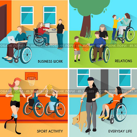 Disabled People Icons Set. Disabled people icons set with wheelchair and sports symbols flat isolated vector illustration. Стоковая иллюстрация, агентство Ingram Publishing / Фотобанк Лори