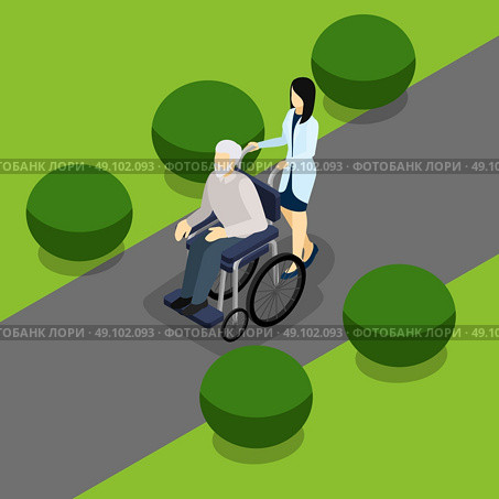 Disabled Retired People Life Isometric Banner . Elderly retired people with disabilities support service isometric banner with old man in wheelchair abstract vector illustration. Стоковая иллюстрация, агентство Ingram Publishing / Фотобанк Лори