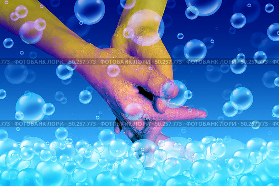 Disease prevention and hand washing hygiene using soap and water to clean dirty contaminated skin to avoid illness or the flu by handwashing and cleaning fingers with 3D illustration style. Стоковое фото, агентство Ingram Publishing / Фотобанк Лори